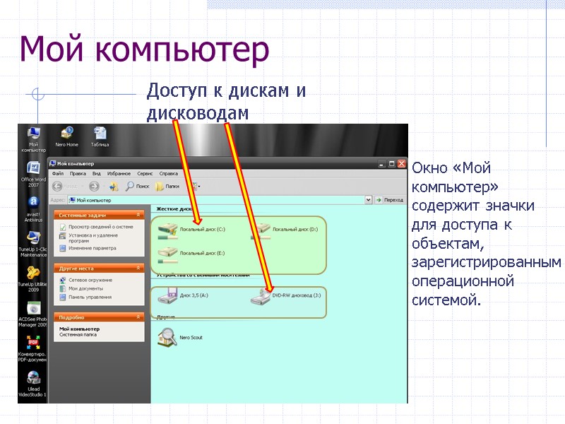 Мой компьютер Окно «Мой компьютер» содержит значки для доступа к объектам, зарегистрированным операционной системой. Мой компьютер Окно «Мой компьютер» содержит значки для доступа к объектам, зарегистрированным операционной системой.